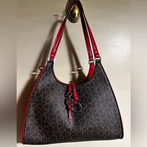 Calvin Klein Red Monogram Shoulder Bag With Charms Logo Handbag Purse